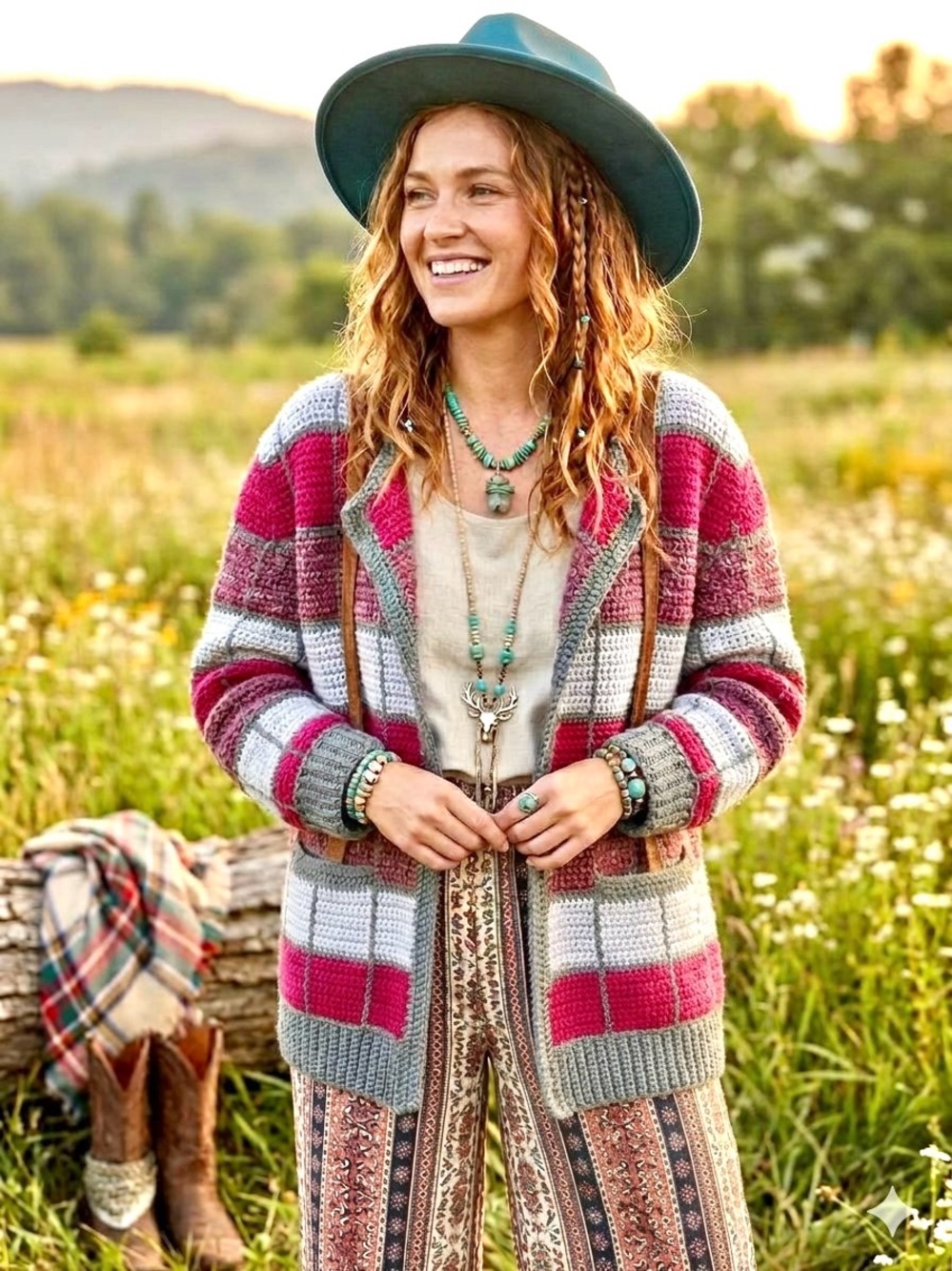 Handcrafted patchwork Open-Front Cardigan Sweater in Pink, Gray & Cream